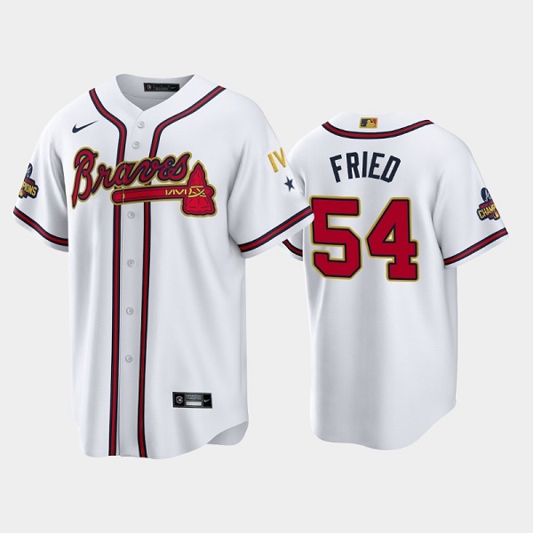 Men's Atlanta Braves #54 Max Fried 2022 White/Gold World Series Champions Program Cool Base Stitched Baseball Jersey Men's Atlanta Braves #54 Max Fried 2022 White/Gold World Series Champions Program Cool Base Stitched Baseball Jersey